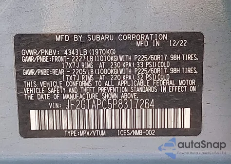 2023 Subaru Crosstrek Premium из США, поврежденный, VIN JF2GTAPC5P8317264